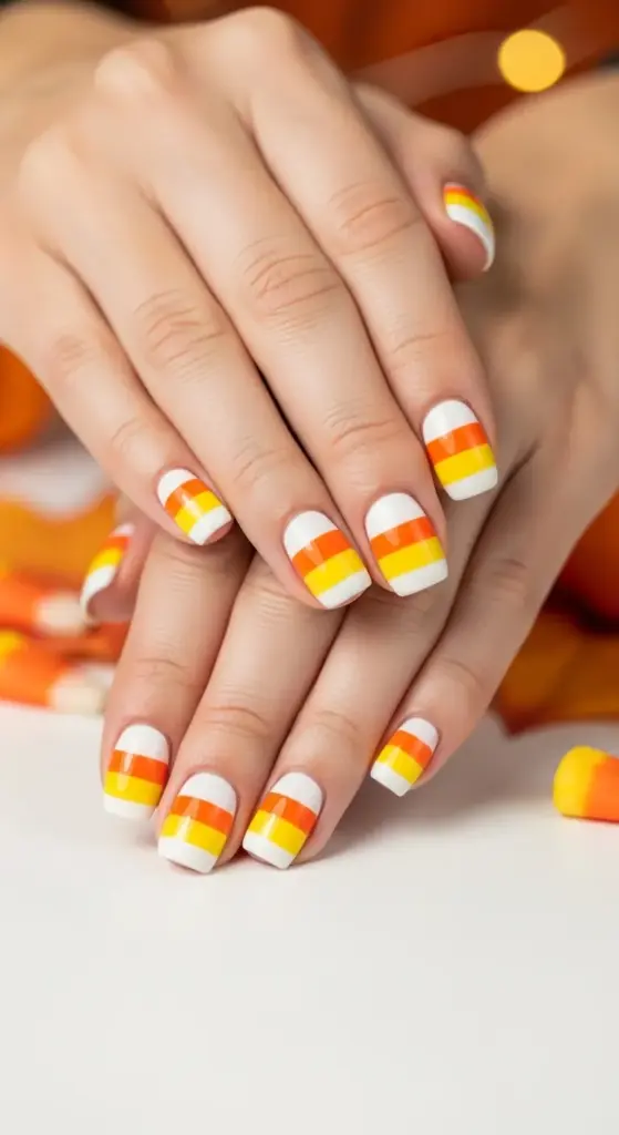 A person's hands are shown displaying cute Halloween nails with a candy corn design. The nails are painted with horizontal stripes of white, orange, and yellow to mimic the look of candy corn. The hands are placed in front of a white surface scattered with actual candy corn, and a blurred background shows more autumn-themed decorations and warm lights, creating a festive and sweet seasonal manicure.