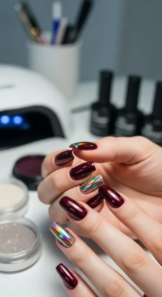 Woman's hands with glossy, rectangular dark red nails with a multi-color chrome finish on the ring fingers, with a UV nail lamp and manicure supplies in the background.