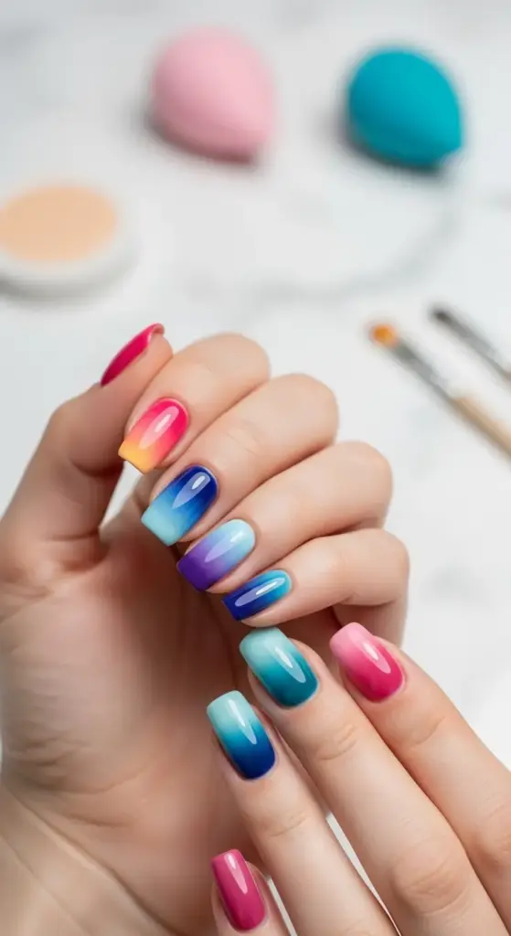 Hands displaying vibrant and colorful short nails ideas with a beautiful ombre gradient effect. The manicure transitions through a spectrum of bright shades, including pink, yellow, orange, blue, and teal, creating a fun and eye-catching look.