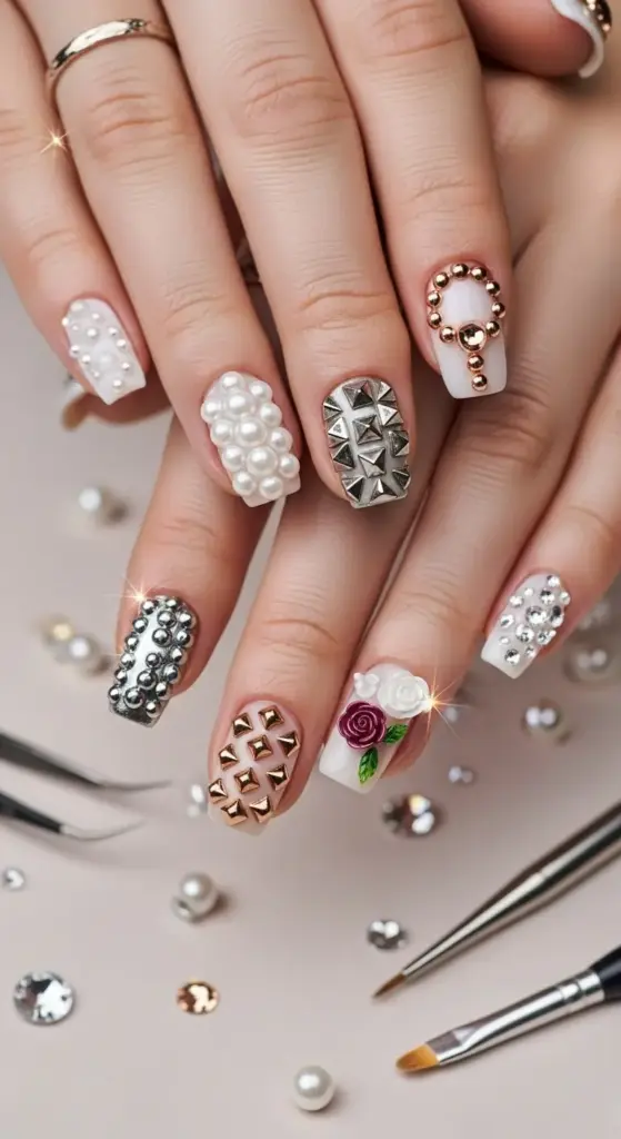 Close-up shot of hands with short, square-shaped nails featuring various decorative elements like white pearls, silver studs, and a 3D floral design. These are some bold Trendy Nails Ideas for a unique and glamorous look.
