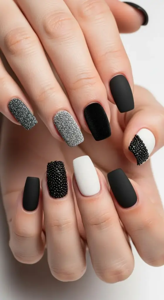 Fashionable hands with an artistic manicure featuring a variety of textures and finishes, including matte black nails, glossy black french tip nails, and accent nails with textured black caviar beads and sparkly black glitter.