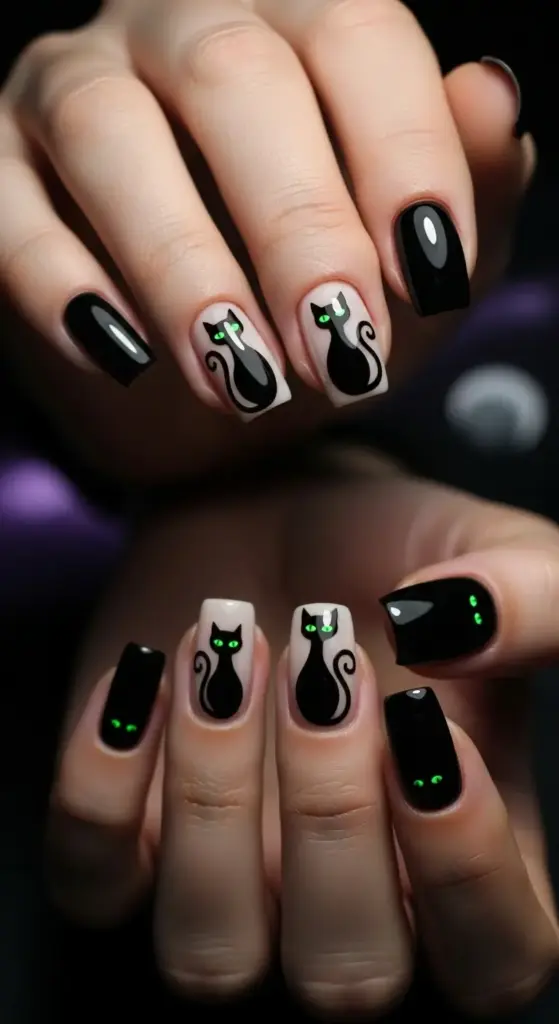 A pair of hands displays cute Halloween nails with a black cat theme. The manicure features a mix of solid black nails with small green dots and nails with a matte, off-white base featuring a glossy black cat with piercing green eyes. The cats are depicted in a sitting pose with their tails curled, creating a stylish and playful Halloween look.