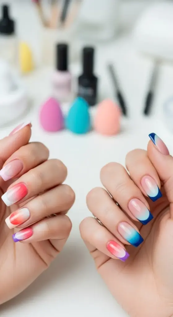 This colorful image showcases a fun and modern twist on French tip acrylic nails. The photo features two hands with a striking ombre design. On one hand, the nails transition from a natural-looking base to vibrant shades of pink and orange. On the other, the nails blend into a gradient of blue and purple. The tips are defined, similar to a classic French manicure, but the color blending makes this a unique and eye-catching version of French tip acrylic nails. The background is blurred, showing various nail tools and beauty blenders, suggesting a professional salon setting.