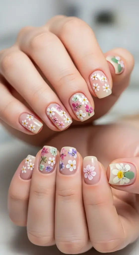 Elegant hands with a beautiful floral manicure, showcasing charming short nails ideas. The design features delicate painted white, pink, and purple flowers on a sheer, nude base, with some nails including real pressed flowers for a whimsical and natural look.