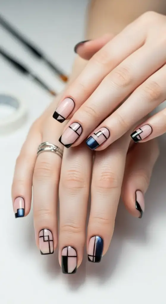 Close-up of a person's hands with modern, abstract nails featuring black and metallic blue geometric designs. The combination of different shapes and colors makes this a perfect example of contemporary Trendy Nails Ideas.