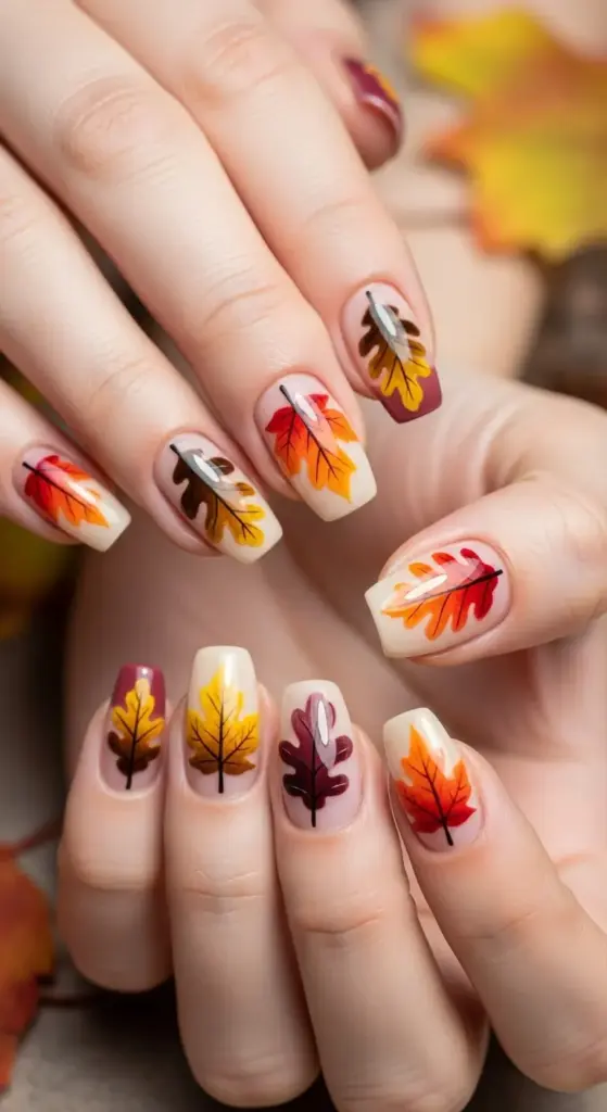 A set of cute Halloween nails with an autumn leaves theme. The nails are painted with a transparent or nude base, and each one features a hand-painted design of a single fall leaf in shades of yellow, orange, red, and maroon. The leaves are detailed with thin, black veins, creating a natural and artistic look perfect for the fall season. In the background, there are blurred real leaves, enhancing the autumnal feel of the image.