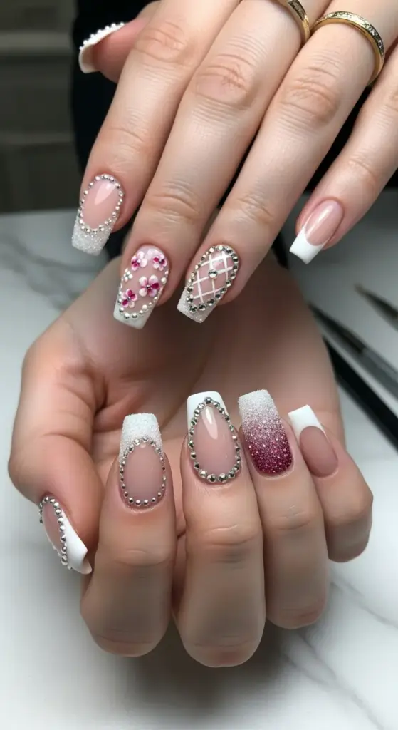 This glamorous image features an intricate, embellished set of French tip acrylic nails. The hands are shown with long, coffin-shaped nails that combine classic white tips with detailed designs. Several nails feature a base of sheer pink, outlined with small silver studs. The ring finger has a striking grid pattern created with silver studs, while the middle finger of one hand has delicate pink flowers with pearl centers. Another nail has a beautiful pink and white glitter gradient. This creative take on French tip acrylic nails is perfect for special occasions.
