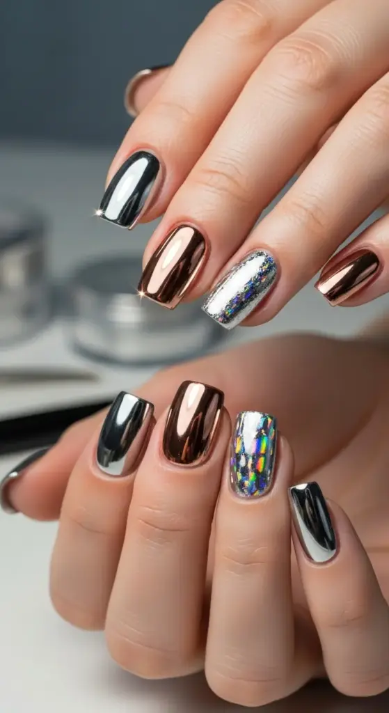 Close-up shot of hands with trendy short nails ideas, featuring a striking metallic chrome finish. The manicure showcases a mix of glossy silver, copper, and a sparkling holographic iridescent foil accent nail, creating a bold, futuristic look.