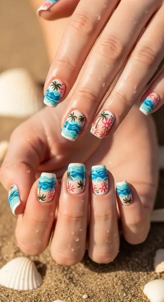 A pair of hands with water droplets on them is shown against a sandy background with seashells. The nails feature a variety of playful simple beach vacation designs, including blue and white waves, palm trees, and pink flowers.