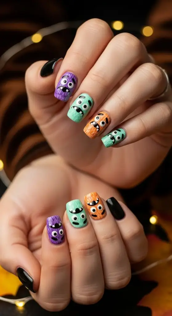 A person's hands are shown with a vibrant and cute Halloween nails design featuring little monsters. The nails are painted in a variety of bright colors, including purple, mint green, and orange. Each colored nail has hand-painted cartoon monster faces with big, expressive eyes and mouths. Some nails have a furry or textured look, and the thumb and pinky nails are painted a solid black, contrasting with the colorful monster faces. The background is dark with blurry lights and an animal print pattern, giving the image a fun, festive feel.
