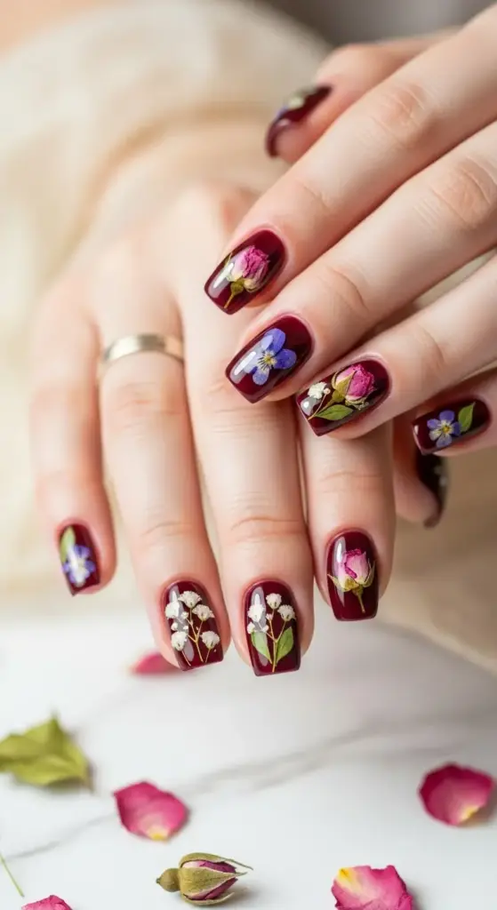 Stylish, glossy dark red nails with real dried flowers embedded in the nail art, with scattered rose petals and flower buds on a marble surface.