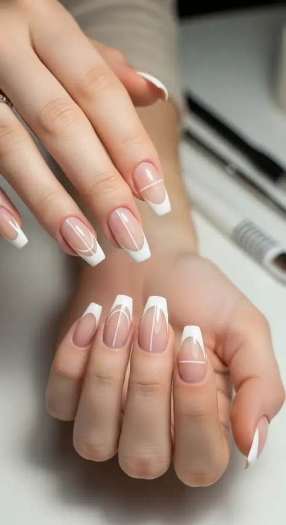 This sleek and modern image showcases a unique take on French tip acrylic nails. The photo features a pair of hands with long, square-shaped nails that have a clear, natural-looking base and classic white tips. The design is elevated with thin, white lines that create a minimalist geometric pattern on top of the French tip. The lines vary on each nail, with some being horizontal and others forming a broken circle or crisscross. This artful and contemporary style offers a fresh perspective on classic French tip acrylic nails.