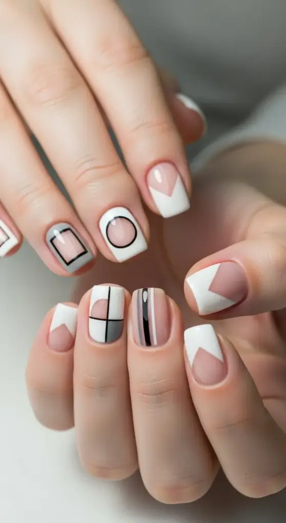 Elegant hands showcasing stylish short nails ideas with a modern minimalist design. The manicure features a clean aesthetic with white and neutral bases accented by black and gray geometric shapes, lines, and negative space patterns.