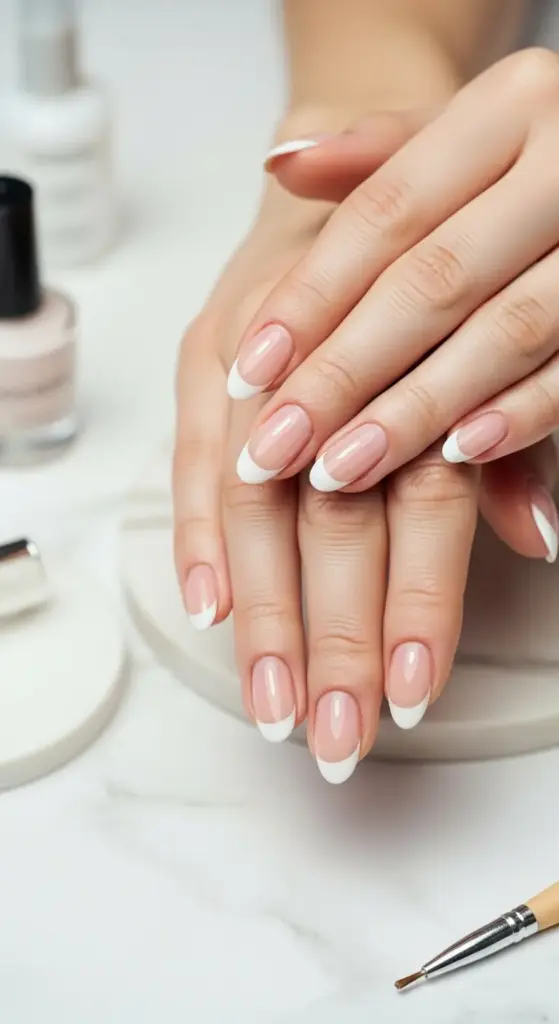 Close-up of a person's hands with a clean, classic French manicure. The timeless elegance of the white tips and natural base makes this a popular and long-lasting choice among the many Trendy Nails Ideas.